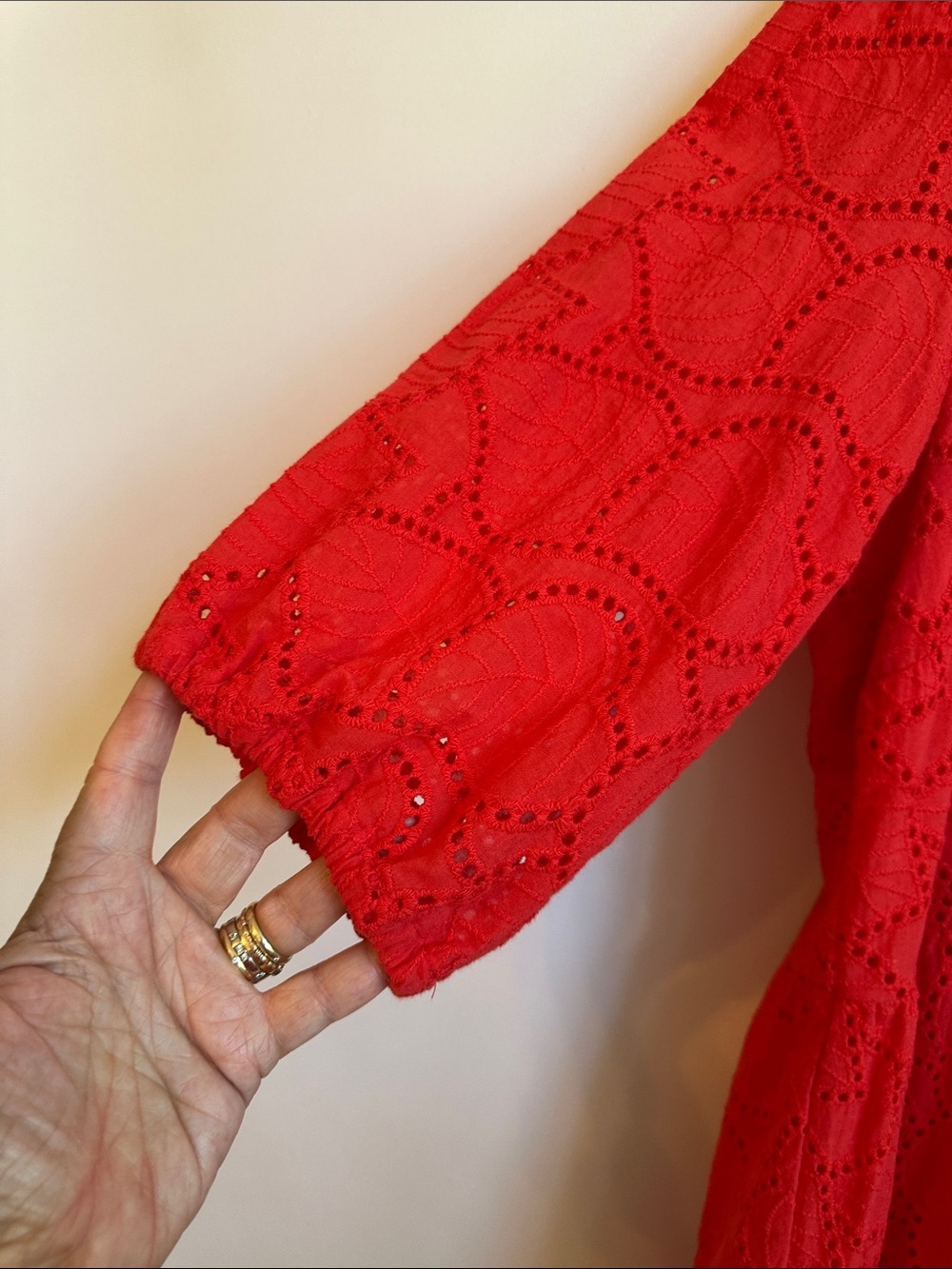 Foil Poppy Red Eyelet V-Neck Tiered Midi Dress - Picture 6 of 11